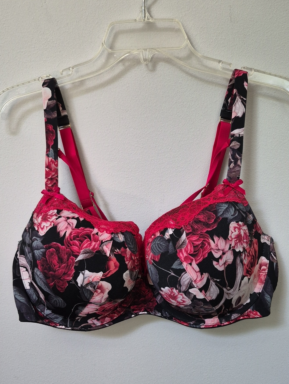 Cacique Boost Balconette Dark Floral Red Lace Strappy Bra Womens 40DD Whimsygoth